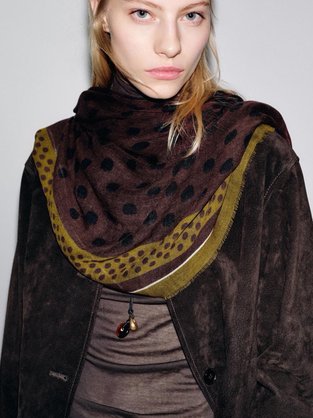 Zara Brown Scarf with Olive Polka Dot Border
